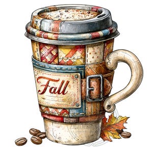 15 Fall Patchwork Coffee Cup Png Autumn Leaves Beans Sublimation Clipart