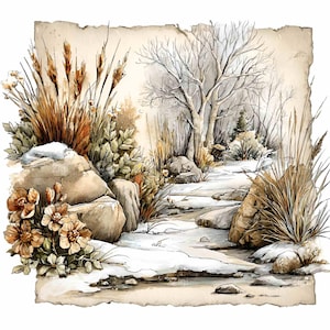 Op de afbeelding: Waterverfillustratie van een winterlandschap met een met sneeuw bedekt pad dat door een bos slingert. Het kunstwerk toont gedempte tinten bruin, beige en wit, met gedetailleerde afbeeldingen van bomen, rotsen en planten. De afbeelding heeft een vintage, artistieke uitstraling.