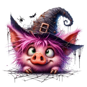 Witch Pig Clipart PNG - 15 Cerdo de pelo rosa con sombrero de bruja con araña y murciélago - Ilustración digital de Halloween