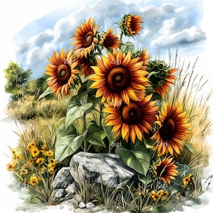 28 clipart de campo de girassol JPG com paisagem rústica, girassóis em aquarela JPEG, arte floral brilhante da natureza, download digital instantâneo