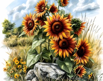 28 JPG Sunflower Field Clipart with Rustic Landscape, Watercolor Sunflowers JPEG, Bright Floral Nature Art, Instant Digital Download