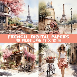 40 JPEG French Street – Paris Bicycle JPG-clipart – digitaal papier met stadstaferelen, bloemencafés, Eiffeltoren, 12 x 12 vintage kunststijl