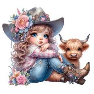 12 cliparts PNG cow-girl - jolie fille western avec vache Highland, chapeau à fleurs et bottes - téléchargement d'art animalier de la ferme