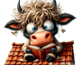 15 PNG lesende Highland Kuh mit Buch Clipart, Akademische Kunst