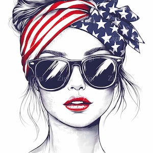 23 imágenes prediseñadas de mujer patriótica (JPG): diadema con la bandera de EE. UU. para manualidades del 4 de julio, impresiones del Día de la Independencia, pegatinas para planificadores y diseños de camisetas.