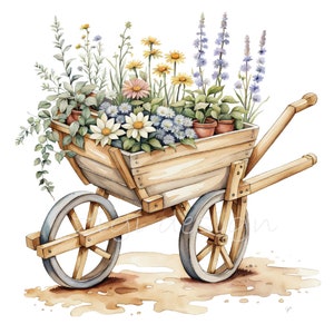 May include: A wooden wheelbarrow filled with a variety of colorful flowers and greenery. The wheelbarrow is on a dirt path with brown spots.