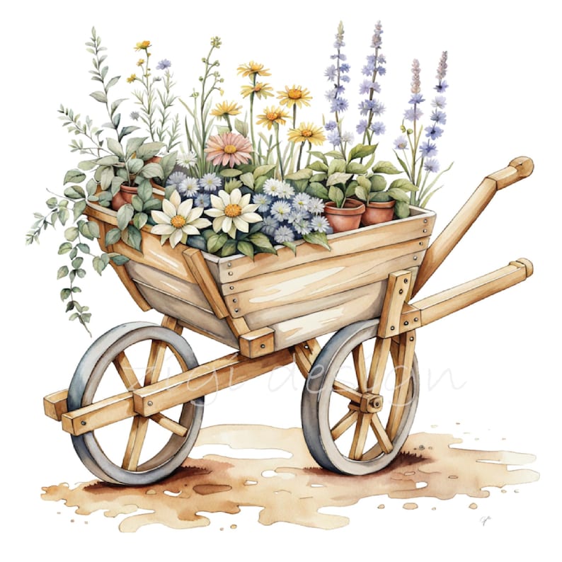 May include: A wooden wheelbarrow filled with a variety of colorful flowers and greenery. The wheelbarrow is on a dirt path with brown spots.