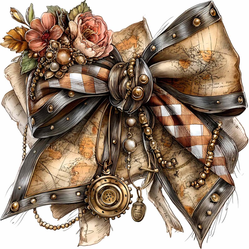 Steampunk Ribbon 10 PNG Steampunk Map Bow – Vintage Ribbon PNG Clipart – Watercolor ...