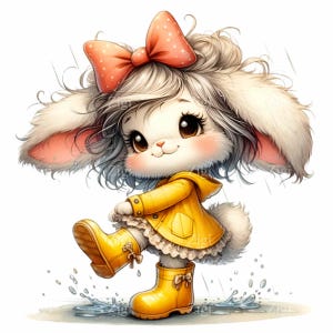 14 PNG 雨の日のウサギ PNG – 黄色のレインコート、ブーツ、珊瑚色のリボンが付いたかわいいウサギのクリップアート – 子供の工作や保育園の装飾のための春の動物アート