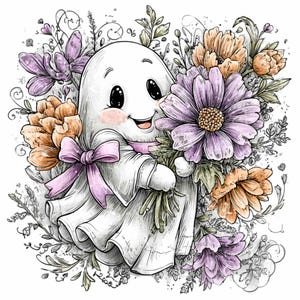 May include: A cute cartoon ghost holding a bouquet of flowers. The ghost is white with rosy cheeks and a pink bow. The flowers are purple and orange, surrounded by green leaves and vines.