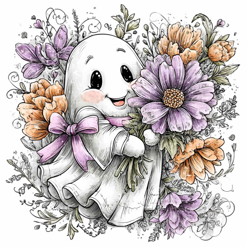 May include: A cute cartoon ghost holding a bouquet of flowers. The ghost is white with rosy cheeks and a pink bow. The flowers are purple and orange, surrounded by green leaves and vines.