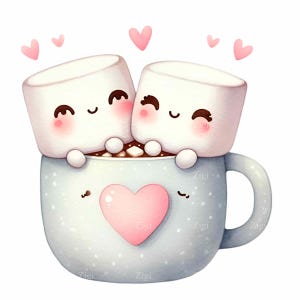 Kawaii Marshmallow Freunde PNG in Heißer Schokolade PNG Clipart. 15 Niedliche Herz Tassen Illustration. Süße Liebeskunst