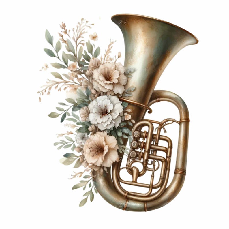 Vintage Tuba With Floral Accents PNG Clipart 12 Brass Instrument Music