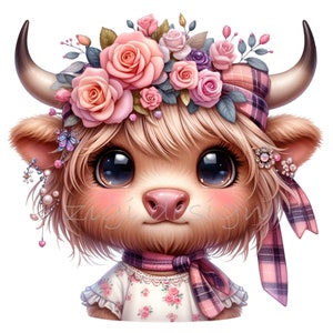 10 schattige hooglandkoe-clipart png-bestand | Bloemenkroon, grote ogen, roze geruite sjaal | Directe digitale download