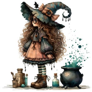 14 Pozione Strega PNG Clipart, Ragazza con i capelli ricci, Calderone, Bottiglie magiche e Collant a righe, Arte dell'incantesimo di Halloween