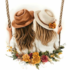 15 clipart JPEG de meninas swing – chapéu floral JPG para arte de parede de berçário, impressões de amizade, adesivos de planejador, cartões comemorativos, diário digital