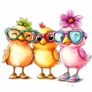 12 lindos pollitos en trío PNG Clipart - Adorables pollitos con gafas y flores - Ilustración de pájaro estilo acuarela