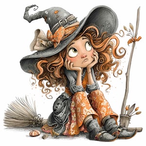 May include: Illustration of a young witch with curly red hair, wearing a large gray hat with orange accents and a matching bow. She is dressed in a gray top, orange floral pants, and black boots, sitting with her chin on her hands, next to a broom.