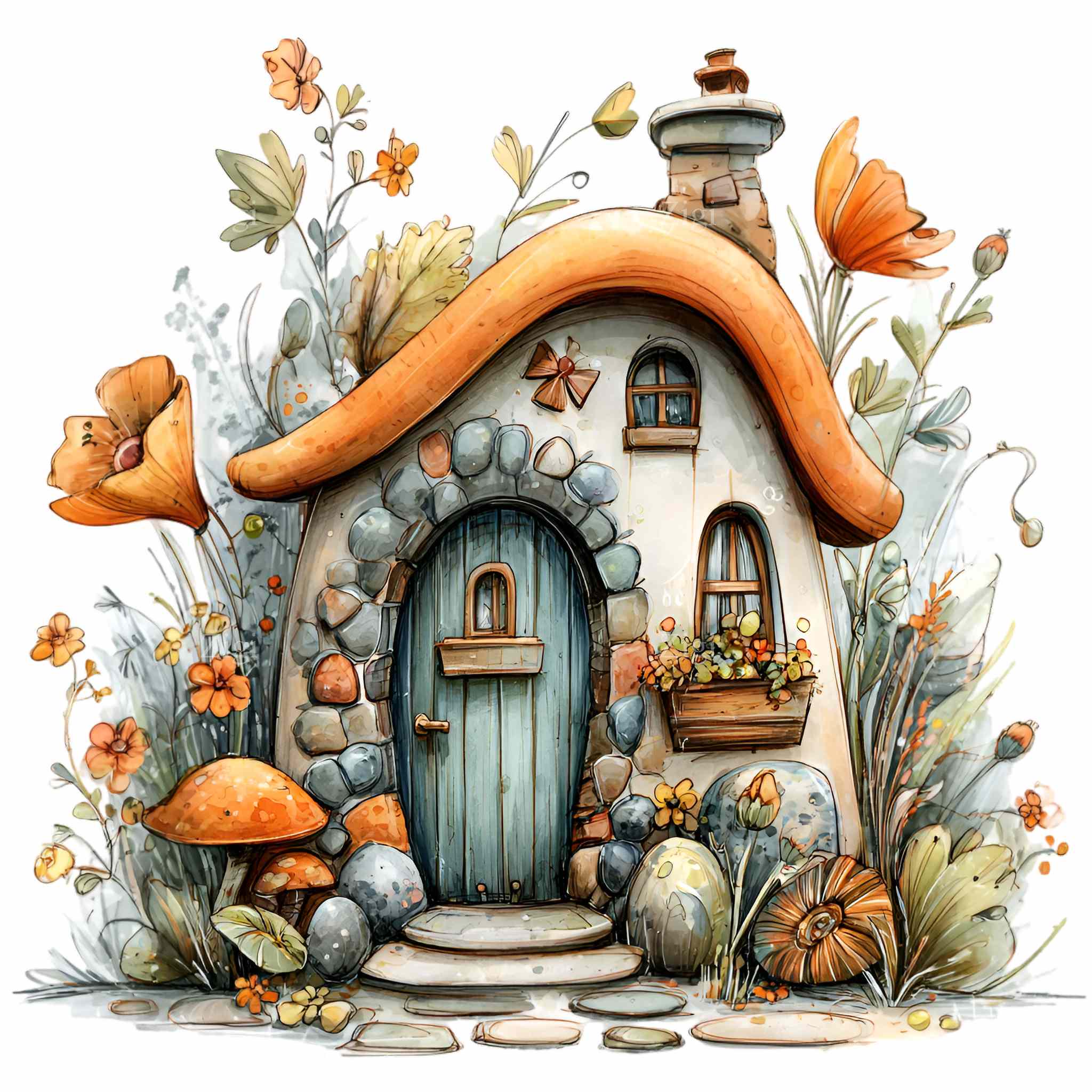 15 PNG Mushroom House Clipart, Fairy Cottage Watercolor Garden ...