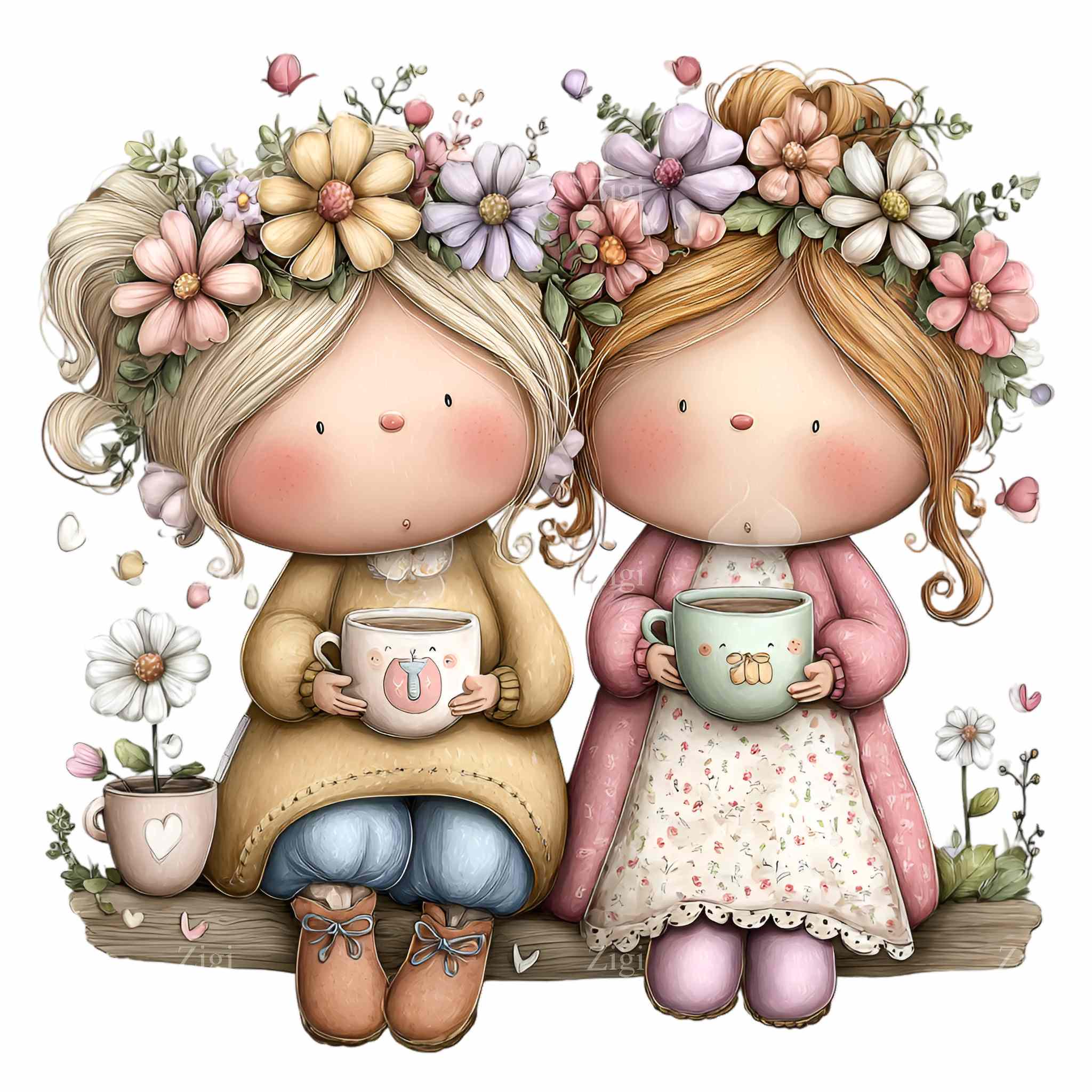15 PNG Tea Girl Clipart – Spring PNG With Floral Crowns & Mugs for ...