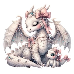 12 imágenes prediseñadas PNG de madre y bebé dragón para descargar en formato digital: elegante arte de dragones blancos: ilustración de dragón de fantasía