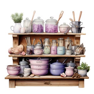 15 Pastel Kitchen Shelf PNG Clipart - Vintage Pantry with Jars, Pots & Utensils - Soft Rustic Decor for Cooking Crafts and Prints