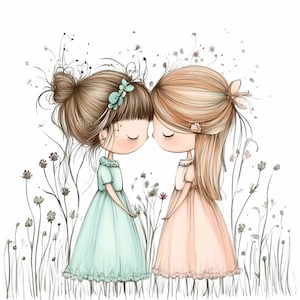 15 Duas Meninas Adoráveis em Flores Silvestres Clipart PNG, Ilustração Caprichosa Desenhada à Mão, Vestidos Pastel e Cena Floral
