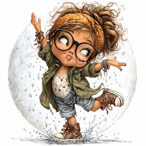 Puede incluir: Ilustraci&oacute;n de un ni&ntilde;o de dibujos animados con una chaqueta verde, pantalones cortos de mezclilla y zapatillas altas marrones. El ni&ntilde;o lleva una diadema, gafas y pulseras, y chapotea en un charco. El fondo es un c&iacute;rculo blanco con gotas de lluvia.