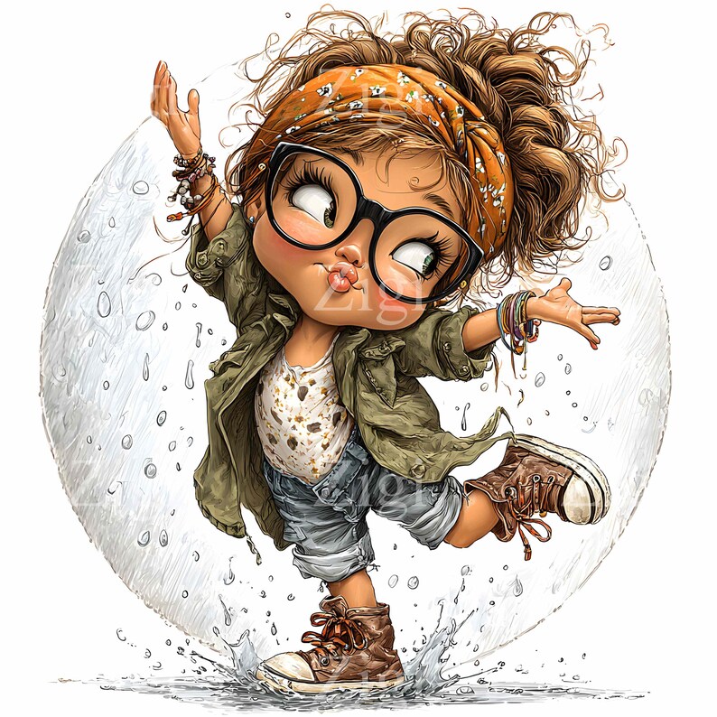 Puede incluir: Ilustraci&oacute;n de un ni&ntilde;o de dibujos animados con una chaqueta verde, pantalones cortos de mezclilla y zapatillas altas marrones. El ni&ntilde;o lleva una diadema, gafas y pulseras, y chapotea en un charco. El fondo es un c&iacute;rculo blanco con gotas de lluvia.