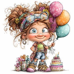 19 imágenes prediseñadas de niña de cumpleaños en formato JPEG: globos de fiesta en formato JPG. Niña adorable con regalos y pastel para tarjetas, invitaciones y manualidades para celebraciones.