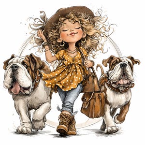 10 JPEG Curly girl with bulldogs – Fun JPG clipart – Confident child and dogs walking scene for wall decor, greeting cards or crafts