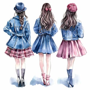 28 ragazze adolescenti JPEG - Vista posteriore alla moda JPG Clipart - Gonna Outfit Art per la decorazione murale per adolescenti, elegante stampabile digitale