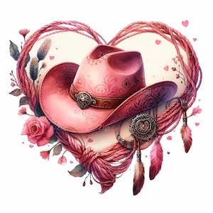 12 PNG de amor occidental: clipart de sombrero de vaquero rosa con corazón de cuerda, plumas y flores. Arte romántico campestre para tarjetas, camisetas y manualidades.