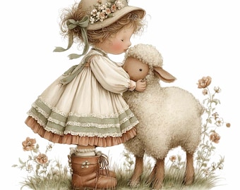 14 PNG Girl with Lamb Watercolor Clipart, Farmhouse Sublimation Design Vintage