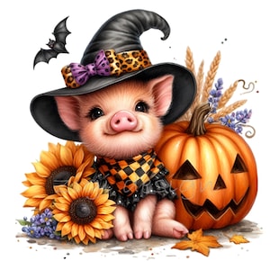 10 Halloween Pig PNG Clipart – Maialino carino con cappello da strega con zucca, girasoli, pipistrello, vestito scozzese, arte del raccolto autunnale