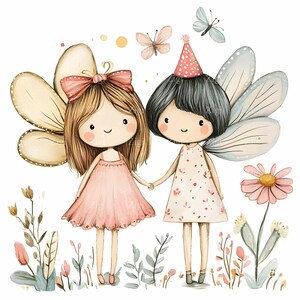 19 JPEG mignons amis fées se tenant la main des cliparts - illustration de la forêt fantaisiste - art fantastique JPG