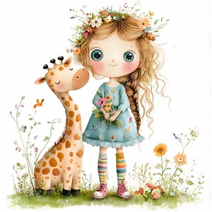 15 JPEG Floral Girl and Giraffe JPG-clipart, schattige digitale kunst voor sublimatie, scrapbooking, DIY Crafts en printables