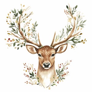 20 Corna floreali JPEG - Testa di cervo JPG Clipart - Arte murale del bosco per la cameretta dei bambini, Natura stampabile, Download digitale di animali rustici