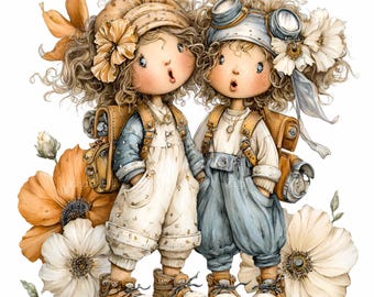 15 PNG Adventure Vintage Aviator Explorers, Steampunk Kids Clip Art