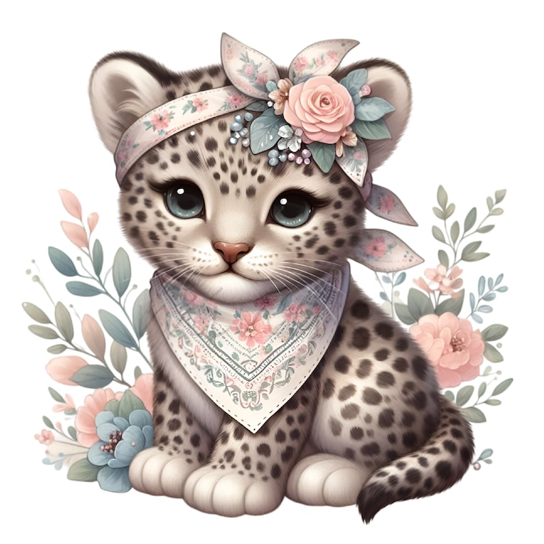May include: A cute, cartoon-style illustration of a snow leopard cub wearing a pink and white floral headband and a matching bandana. The cub is sitting on a white background with pink and green flowers.
