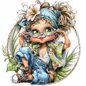 23 Clipart di ragazza tropicale JPEG - Bambina con capelli ricci JPG - Illustrazione di un grazioso vestito estivo e occhiali per decorazioni, adesivi e stampe per bambini