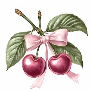 27 Kirsche PNG Clipart - Süße rosa Kirschen mit Schleife und grünem Blatt - Aquarell Obst Digitaler Download