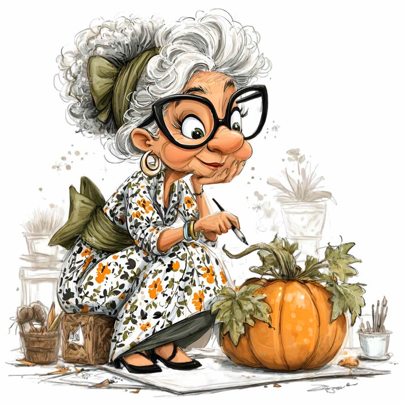 May include: Illustration of an elderly woman with glasses, a floral dress, and a green bow, sketching a pumpkin. The pumpkin is orange with green leaves. The woman is sitting on a wooden box, with art supplies nearby.