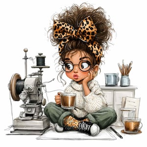 May include: Illustration of a young person with glasses, a leopard print bow, and a cup of coffee, sitting cross-legged near a sewing machine. The person is wearing a white sweater, green pants, and black sneakers. A desk with art supplies is in the background.