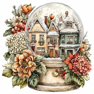 10 casas de invierno PNG – Bolas de nieve navideñas PNG clipart – Escena floral navideña para tarjetas, pegatinas de planificador y decoración festiva imprimible
