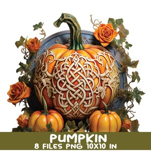 8 imágenes prediseñadas PNG de calabazas celtas con vides, rosas y tallas decorativas: conjunto de arte de cosecha de otoño, 8 archivos de 25 x 25 cm