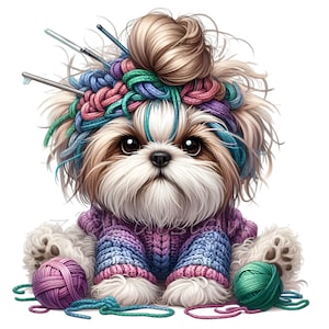 15 PNG Crochet dog clipart – Yarn lover PNG illustration – Cute puppy in sweater for craft room decor, knitting gifts, DIY prints