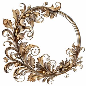 May include: Ornate, gold-toned decorative frame with intricate floral and leaf detailing. The design features swirling patterns and a circular border, perfect for adding a touch of elegance to any project.