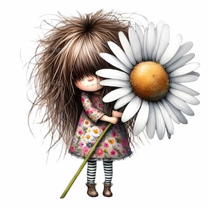 22 Chica con margarita PNG Clipart Descarga digital – Chica joven con cabello desordenado, vestido floral, leggings de rayas sosteniendo una margarita grande