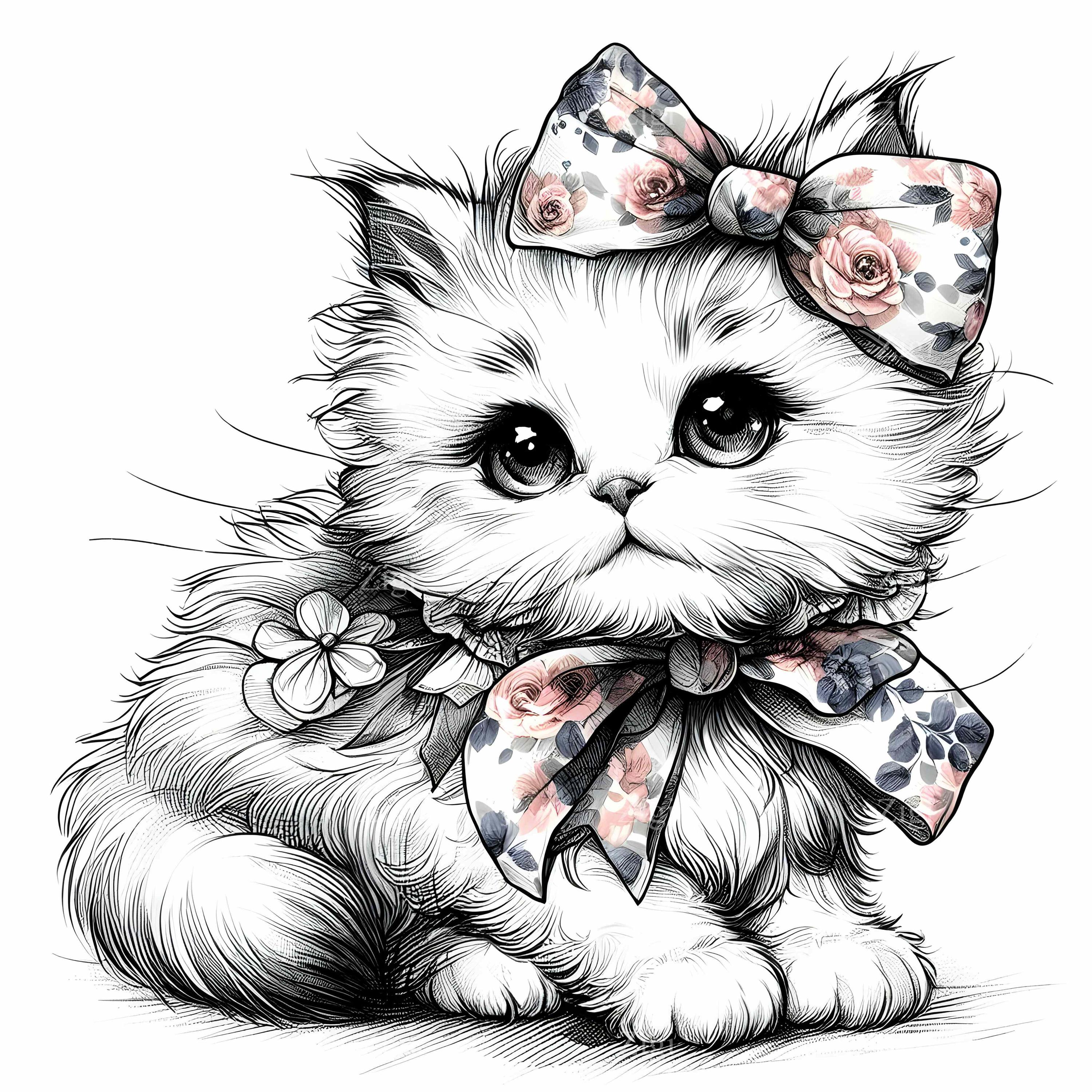 15 JPEG Cute Kitten Clipart With Big Eyes and Floral Bow, Baby Cat JPEG ...